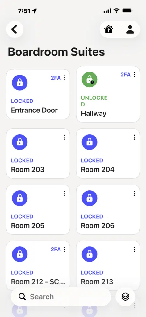 Kisi mobile app showing secure keyless access controls for Boardroom Suites offices in Metairie
