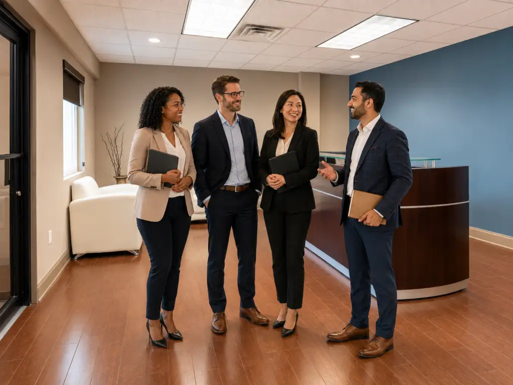 Professional community of Boardroom Suites tenants networking in the reception area in Metairie